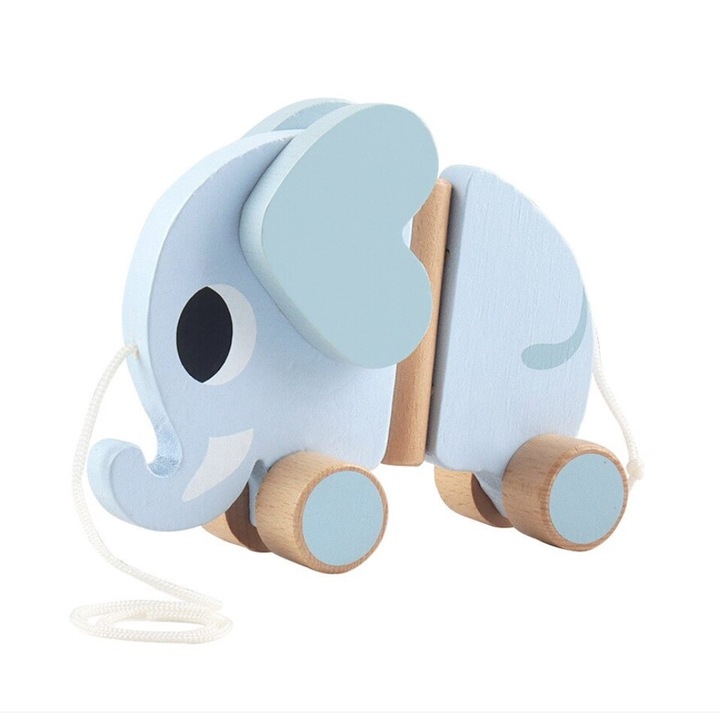 Еко дървена играчка Malvys®, Бебе слонче, синьо, 15 см