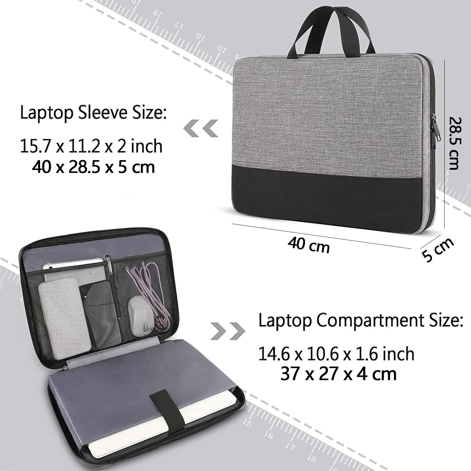 Geanta pentru laptop de 15,6 inchi, servieta pentru laptop, tesatura EVA impermeabila, capacitate mare, design subtire, unisex, 40x5x28,5 cm, gri