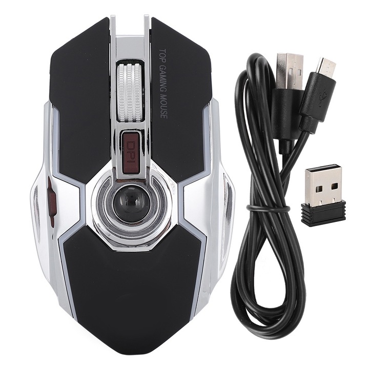 Vezeték nélküli gamer egér, longziming, 2.4GHz, 1600DPI, fekete/szürke, ergonomikus