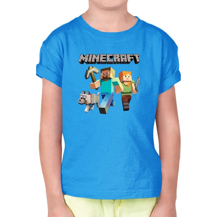 Tricou copii Minecraft Sandbox OPT Steve Wolf Companion, Albastru azur