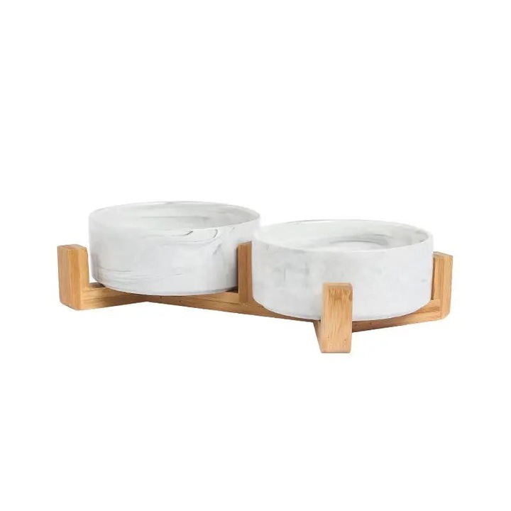 Set 2 boluri din ceramica cu suport, pentru animale, marime M, suport din bambus