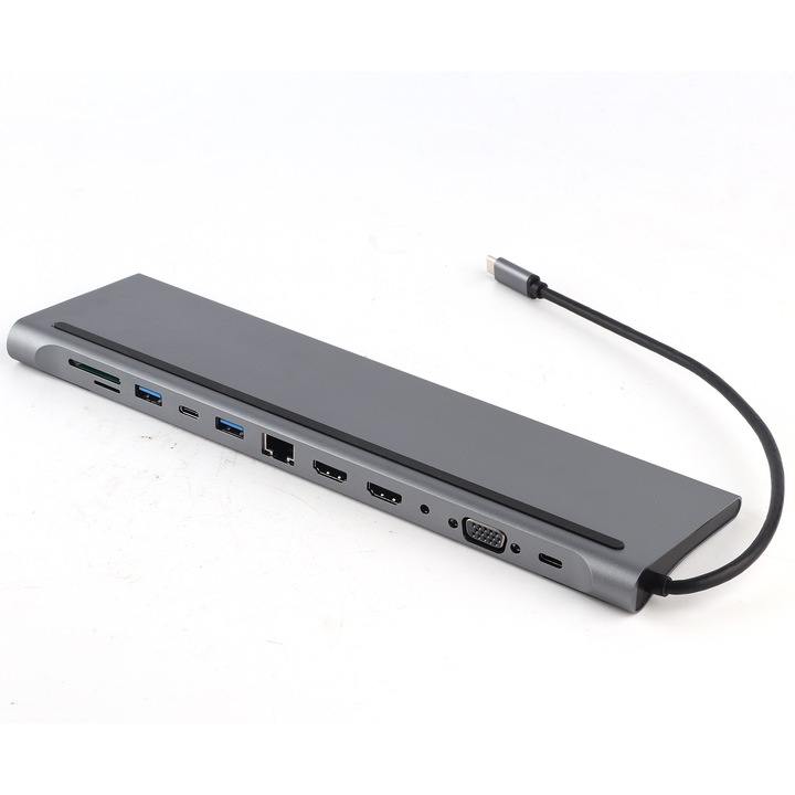 Докинг станция Fokelyi 12-в-1, 2x HDMI, 1x VGA, 2x USB3.0, 1x USB2.0, 1x RJ45, 1x Type-C, алуминий, сива