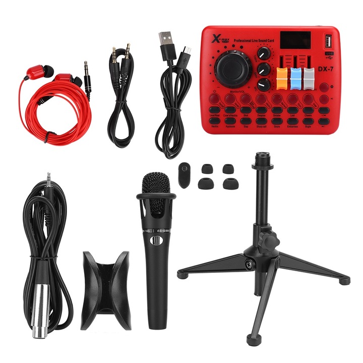 Mikrofonkészlet hangkártyával, Jormftte, 14 speciális effekt, USB csatlakozás, 80Hz-18KHz, fekete/piros