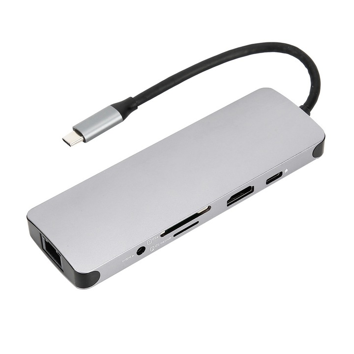Hub 9 az 1-ben Jormftte Type-C HDMI-hez, 4K támogatás, PD töltés, RJ45, alumínium, kompakt