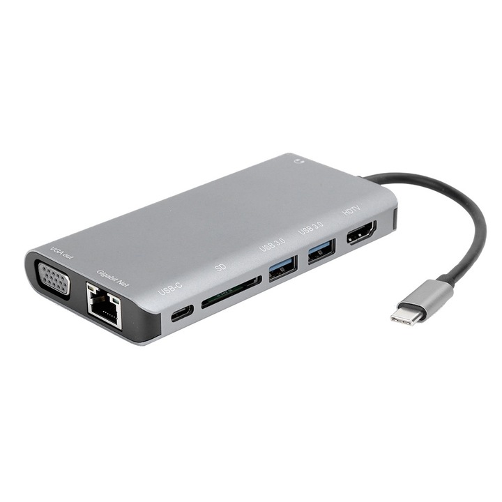 Jormftte Type-C 8 az 1-ben többfunkciós dokkoló állomás, HDMI, VGA, audio port, szürke