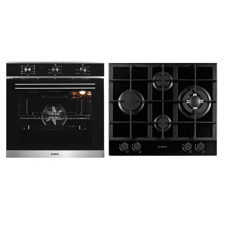 Pachet incorporabil Samus Cuptor incorporabil SC628GX9, 75 L, 9 functii si Plita incorporabila PSG-64SG2, 4 arzatoare pe gaz, gratar din fonta, sticla neagra