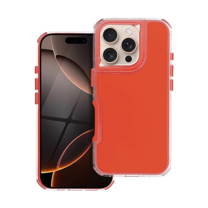 ArrayEX tok Apple iPhone 16 Pro készülékhez, OPTIM MEGOLDÁS, Kondenzációgátló szerkezet, Prémium polikarbonát + Rugalmas TPU, Optimális Core Protection Tech, AntiShock, Élénk színű kialakítás, Több réteg az extra védelemért, Narancs