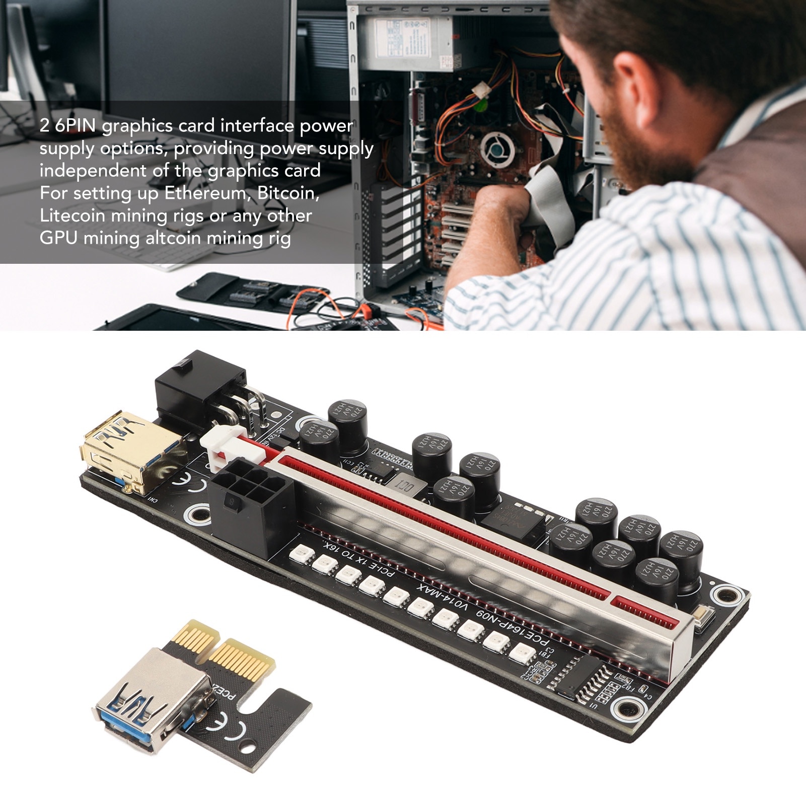 Card adaptor alimentat PCIE Riser compatibil cu 6 pini 1X 4X 8X 16X ...