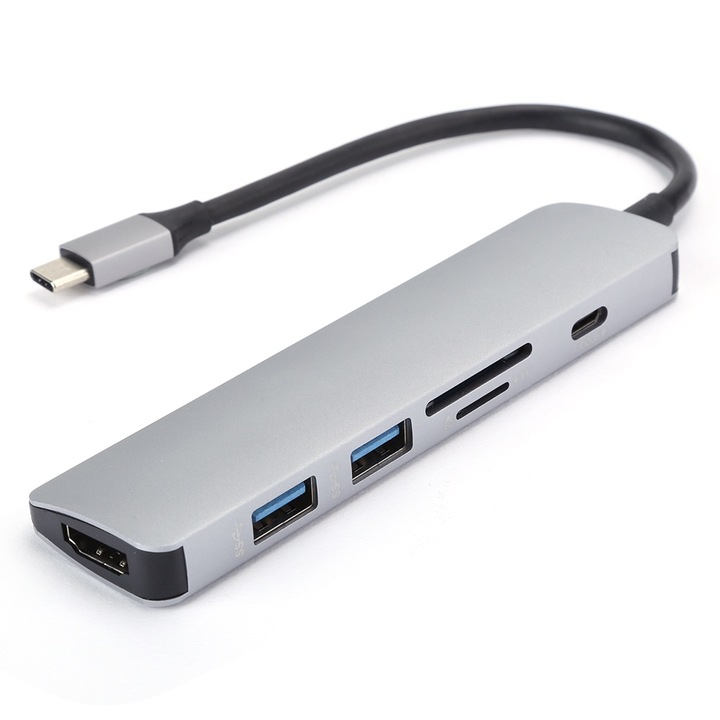 Hub 6 az 1-ben Jormftte Type-C HDMI/USB3.0-val, 4K támogatás, PD töltés, fém