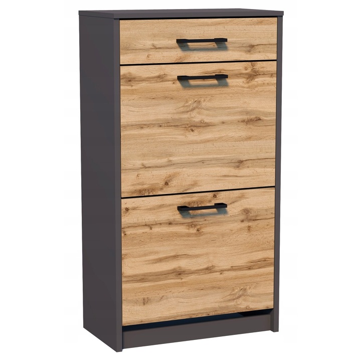 Pantofar, MATKAM, 2D1S, 50x28x92 cm, 2 Usi, 3 Compartimente, 8 Perechi, Laminat, PAL, Wotan/Gri inchis