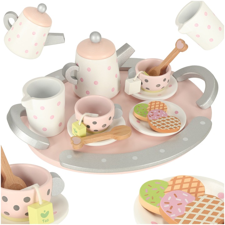 Set serivire ceai si cafea din lemn, LULILO, 2 cani, 3 farfurii, multicolor, 3+ ani