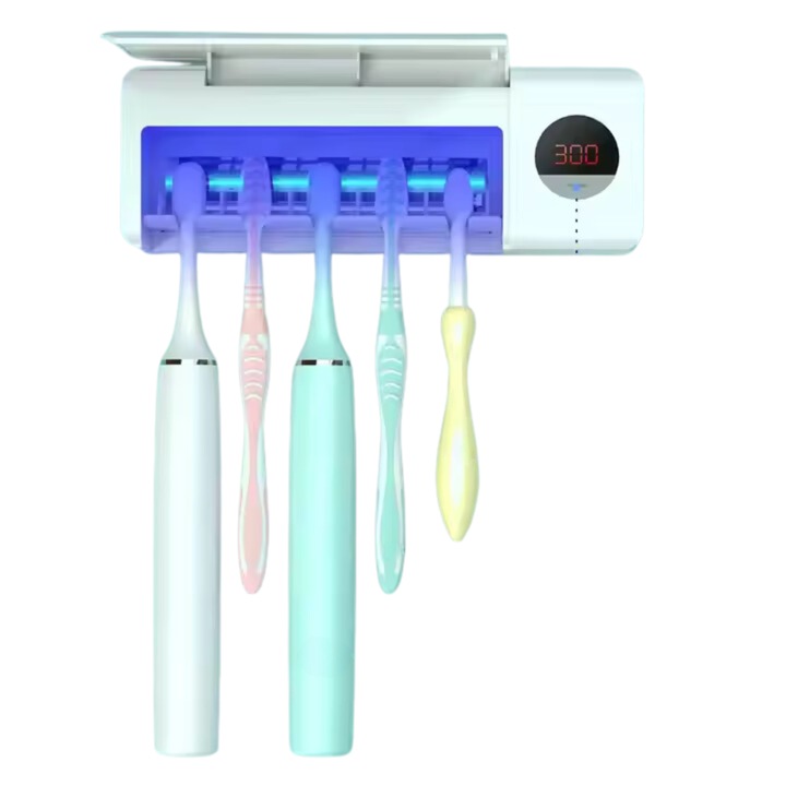 Suport periute de dinti, sterilizator UV, functie de uscare si sterilizare antibacteriala, montare pe perete prin lipire, 5 Sloturi, ciclu Automat la fiecare 8 ore, acumulator 2000mAh, afisaj digital, reincarcabil prin USB