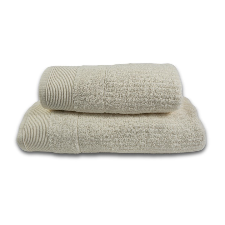 Set 2 prosoape, 100% Bumbac Jacquard, densitate 5000 gsm, 50x100cm + 70x140 cm, Linos, Cream