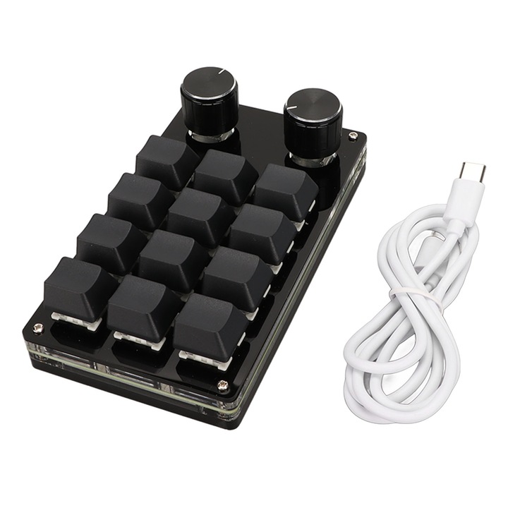 Tastatura mecanica mini cu 12 taste, Jormftte, conectare cablata, comutator albastru, 2 butoane, neagra