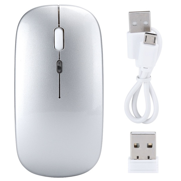 Безжична мишка, Mmgoqqt, 2.4G, 1600 DPI, тънък дизайн, сребриста