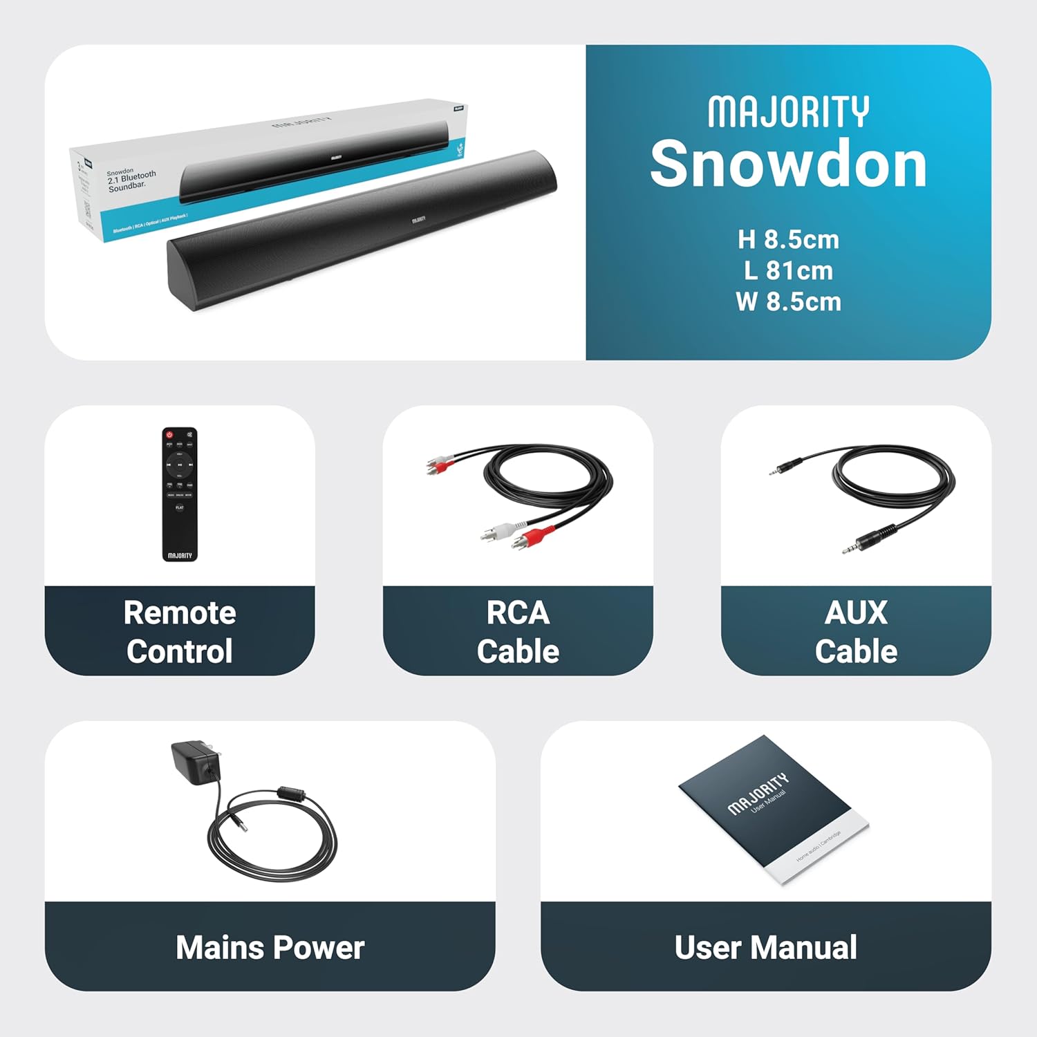 Soundbar cu Subwoofer integrat, Majority, Snowdon, 2.1, Bluetooth, PC, Wireless, AUX, 120 W, negru