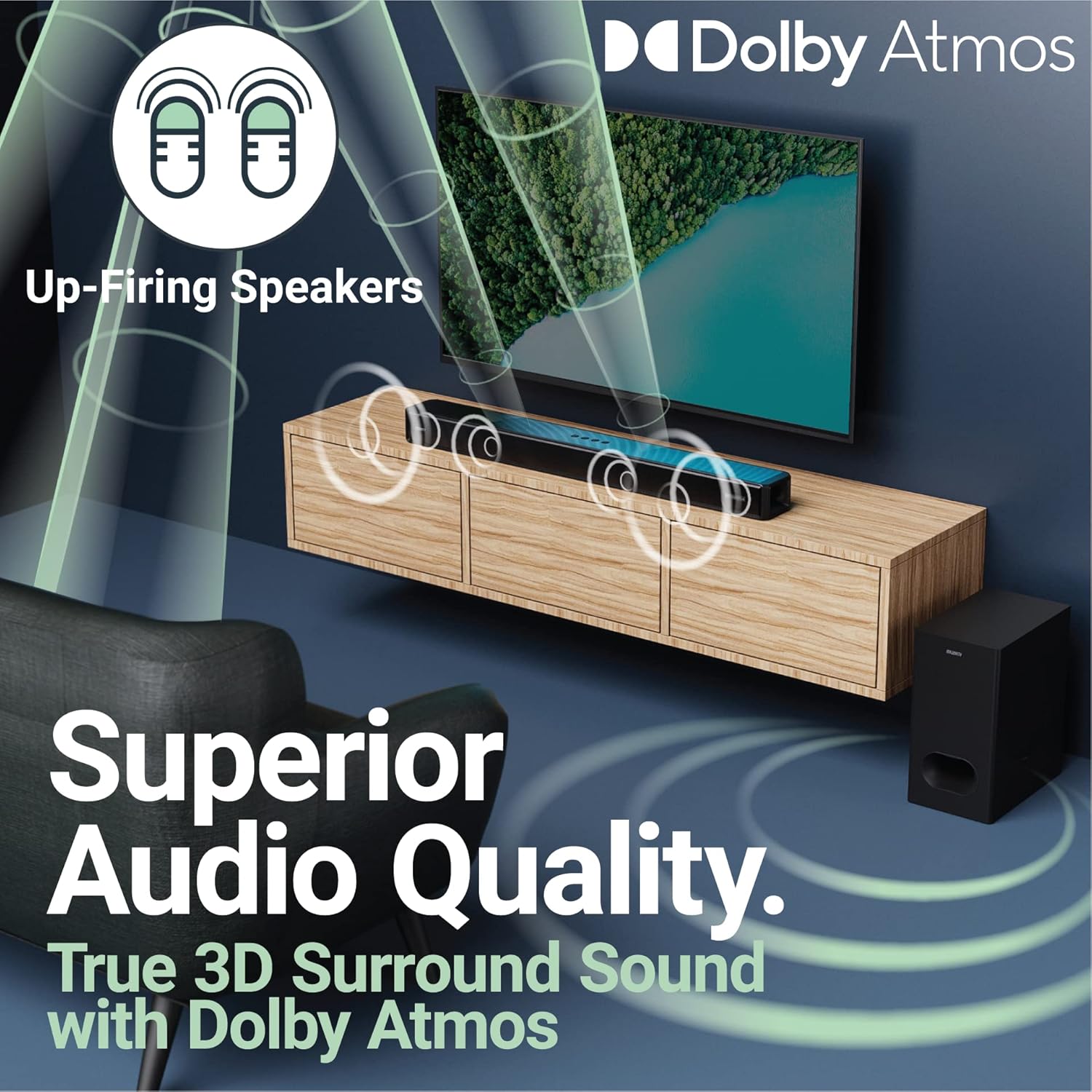 Soundbar Majority, Sierra Plus 2.1.2, Dolby Atmos, Bluetooth, PC, AUX, home theater, 400 W, negru
