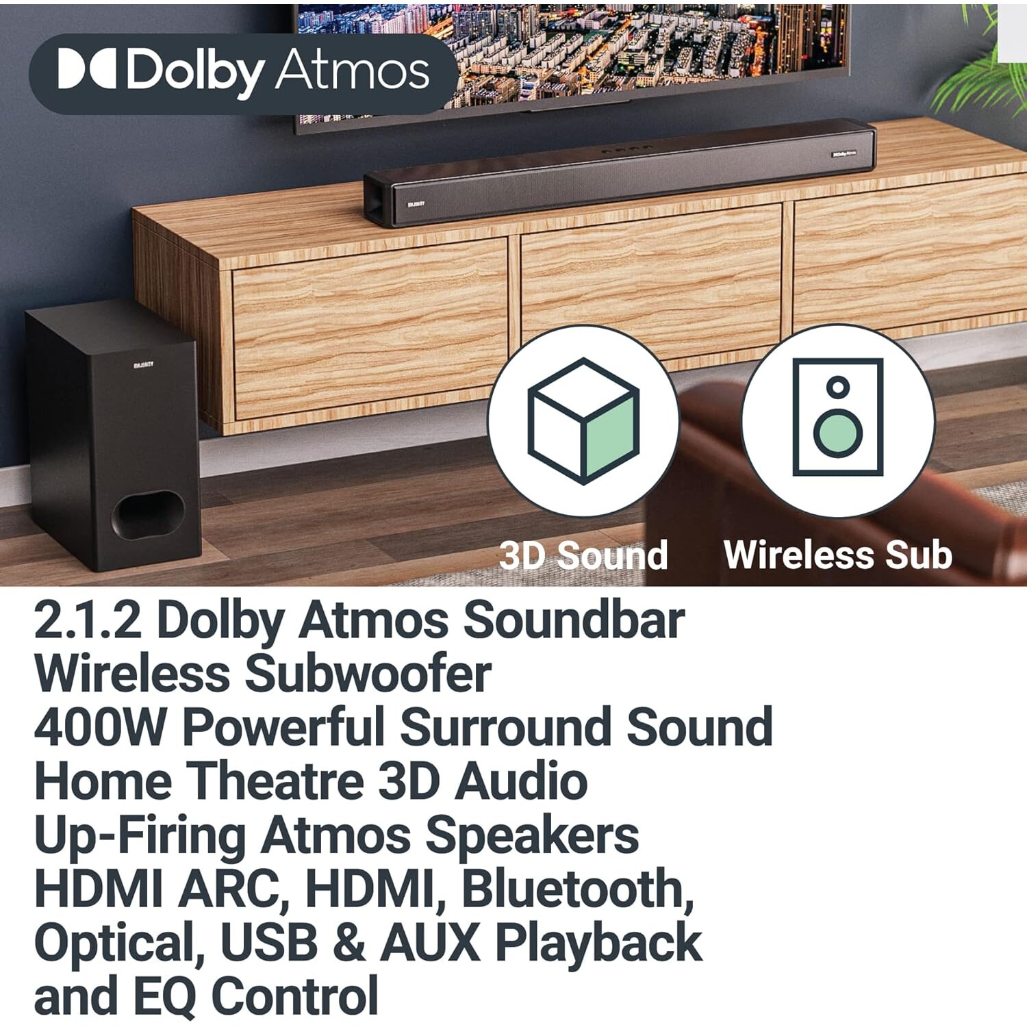 Soundbar Majority, Sierra Plus 2.1.2, Dolby Atmos, Bluetooth, PC, AUX, home theater, 400 W, negru