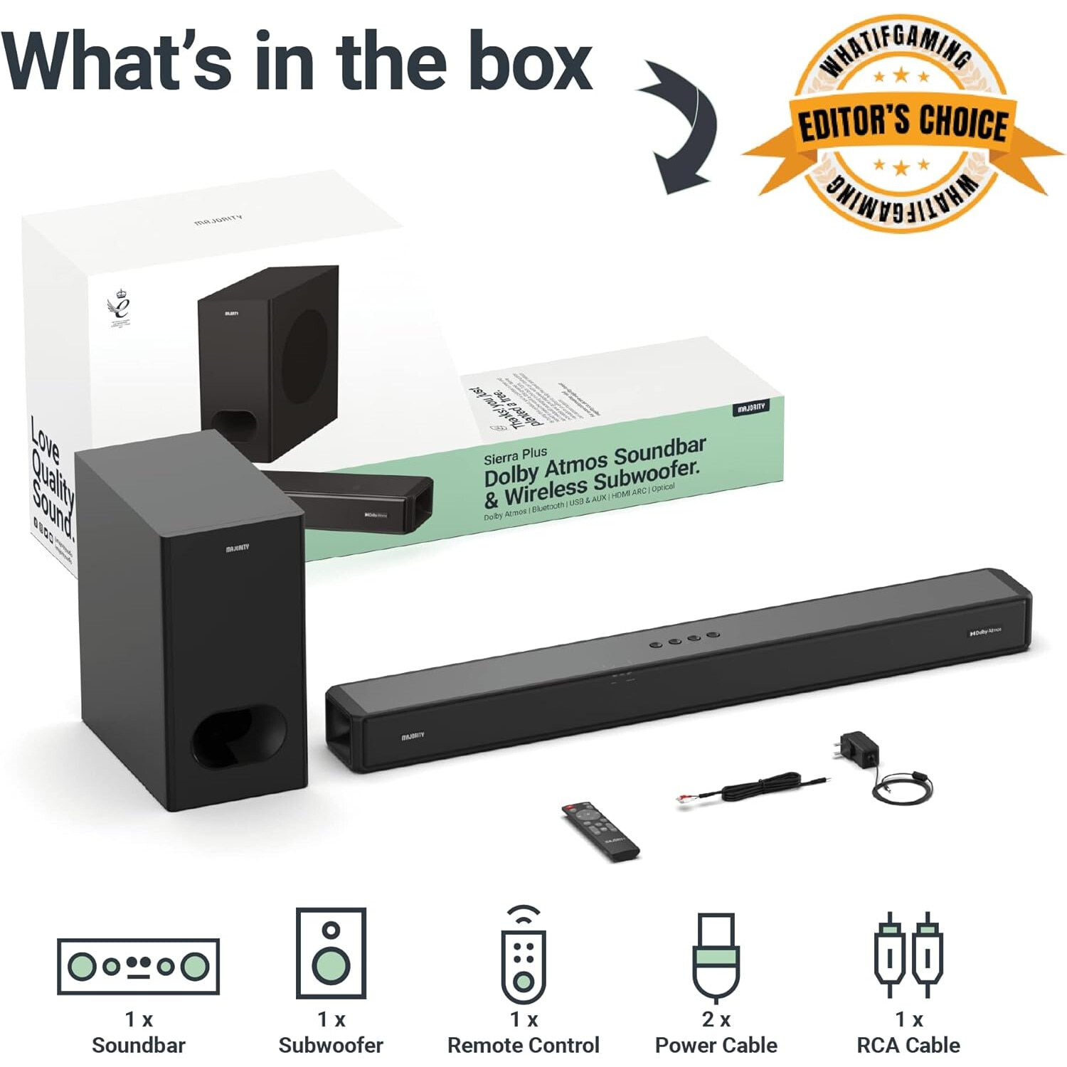 Soundbar Majority, Sierra Plus 2.1.2, Dolby Atmos, Bluetooth, PC, AUX, home theater, 400 W, negru