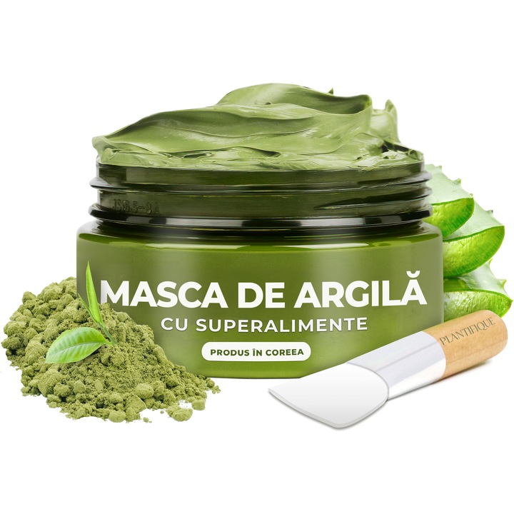 Masca de argila PLANTIFIQUE Super Antioxidanta cu Superalimente, pentru fata si corp, cu Aloe Vera, Avocado si Ceai Verde, detoxifianta, anti-sebum, 100% ingrediente naturale