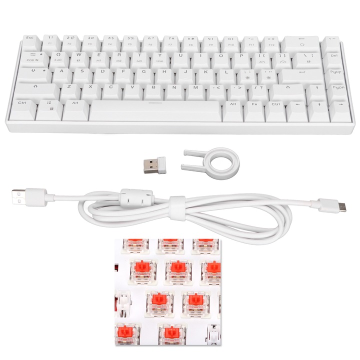 Tastatura mecanica Jormftte 64 taste, iluminare alba, 3 moduri, design ergonomic, 4 switch-uri optionale, culoare albastra