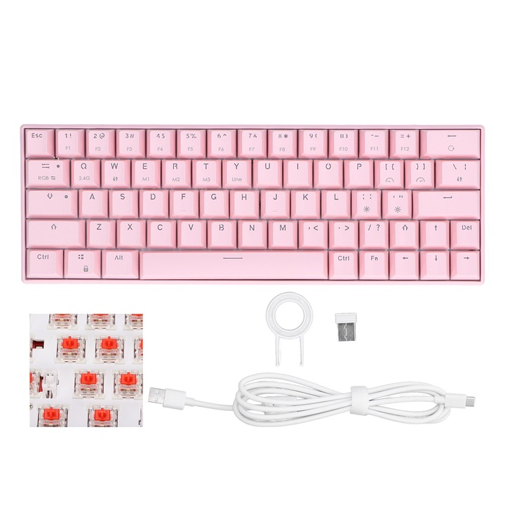 Tastatura mecanica Jormftte 61 taste, RGB iluminare de fundal, mod dual wireless 2.4G si cablat, baterie reincarcabila 1850mA, compacta, verde