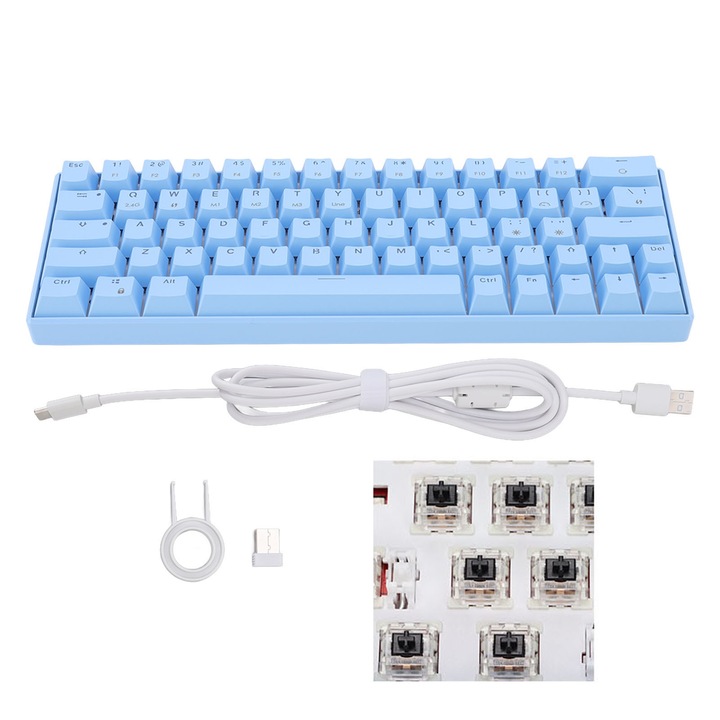 Tastatura mecanica Jormftte 68 taste, RGB, 3 moduri de conectare, wireless 2.4G/Type C, comutatoare albastre