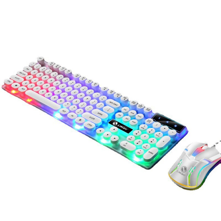 Billentyűzet és egér szett, retró, színes világítás, ABS, 440x130x30mm, 67x120x37mm