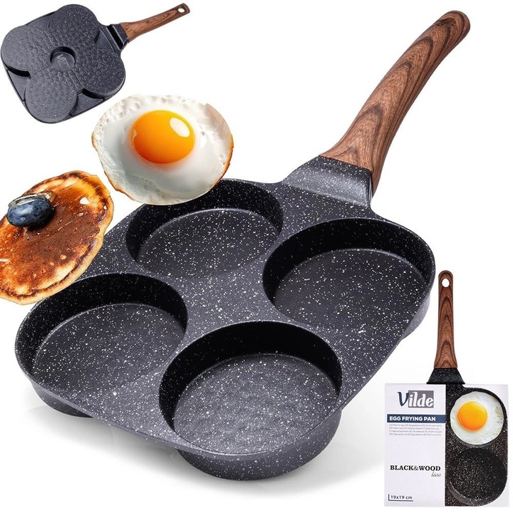 Алуминиев незалепващ тиган с гранитно покритие, Vilde, Black&Wood, 36,5 см, черен, идеален за яйца и палачинки, с 4 вдлъбнатини, съвместим с газови, електрически, керамични, халогенни, индукционни котлони, ергономична дръжка, лесен за почистване