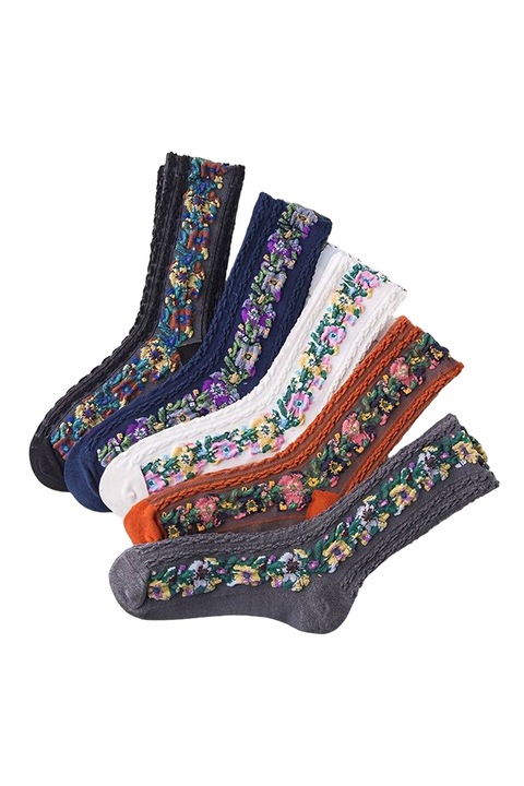 Sosete dama, set 5 perechi, model traditional cu flori, tematica retro fashion, marimea 36 – 42, multicolor, EFAYN