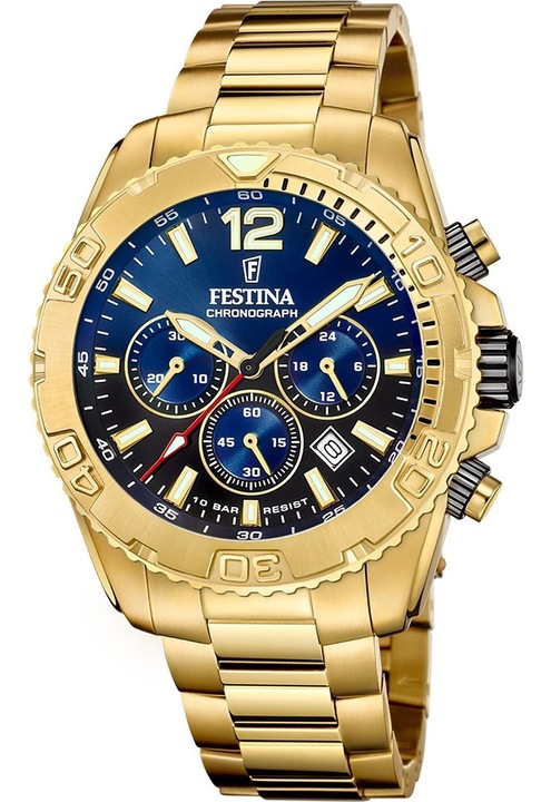 Ceas Festina Chronograph F20684-2, auriu/albastru, 10 ATM, bratara din inox