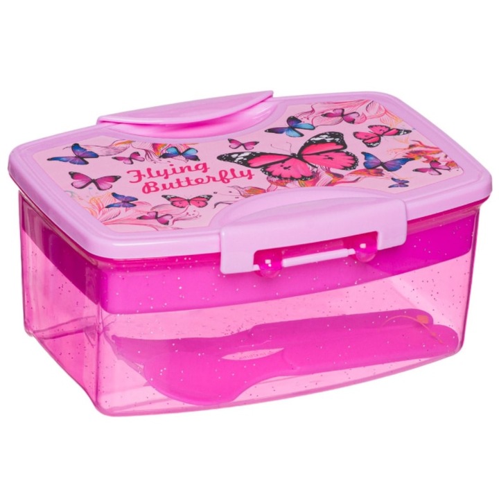 Cutie alimentara pentru copii cu imprimeu cu fluturi, tavita si tacamuri, Roz, 920 ml, ConceptSeller