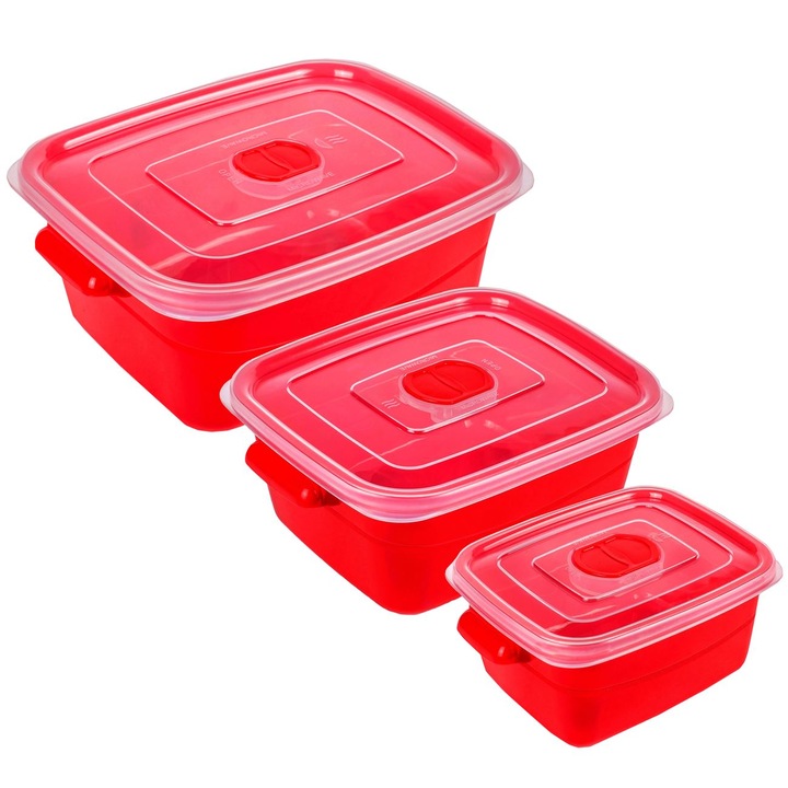 Set Recipiente Alimente, 3 Bucati, Capacitate 2000-1000-500 ml, Culoare Rosu, Material Plastic