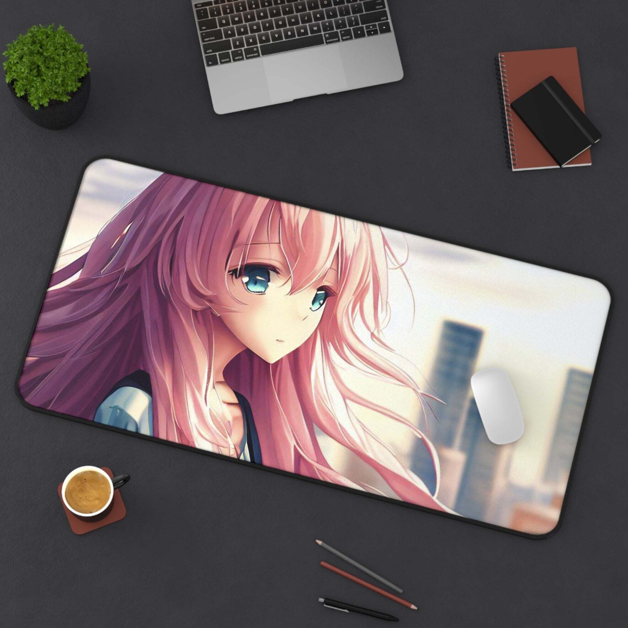 Mousepad, Jormftte, Anime Girl cu par roz, 4mm neopren, 80 x 40 cm