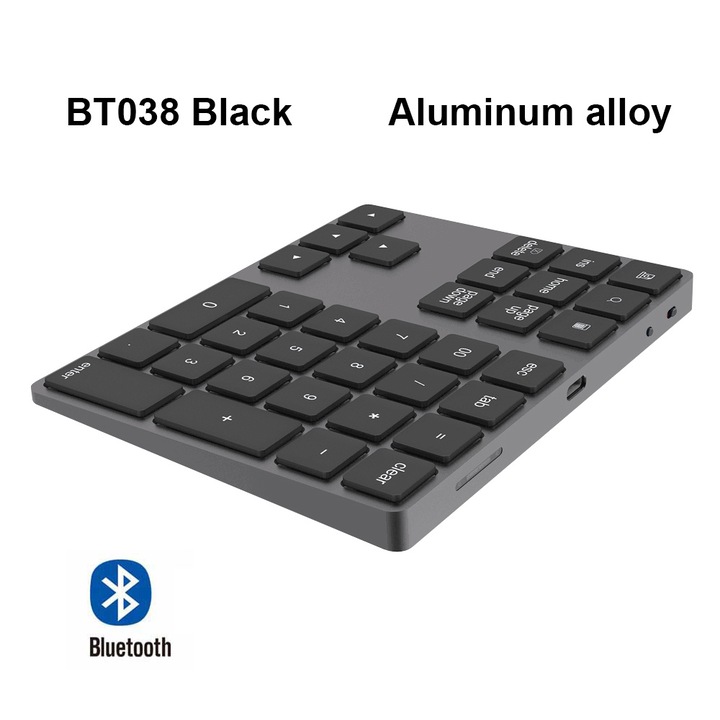 Tastatura numerica wireless Jormftte din aliaj de aluminiu cu HUB USB, 34 de taste, neagra, 14.7x11.5x1.3cm