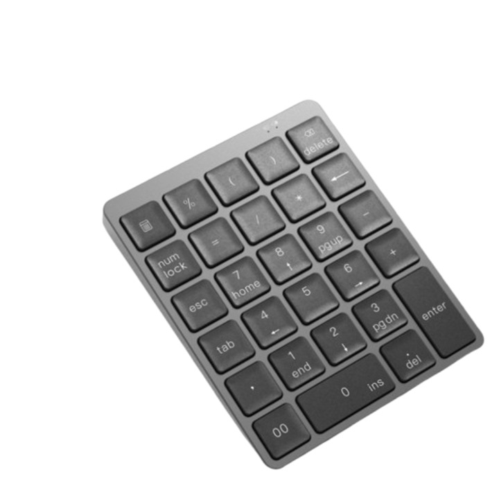 Vezeték nélküli numerikus billentyűzet, Jormftte, N970 alumíniumötvözet, 28 gomb, Bluetooth és USB HUB, 121x100x112,5mm, szürke
