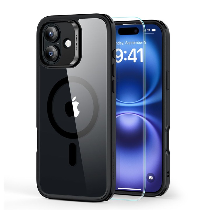 Set carcasa si folie ecran ESR Classic Hybrid Halolock MagSafe compatibil cu iPhone 16 Plus Black/Clear