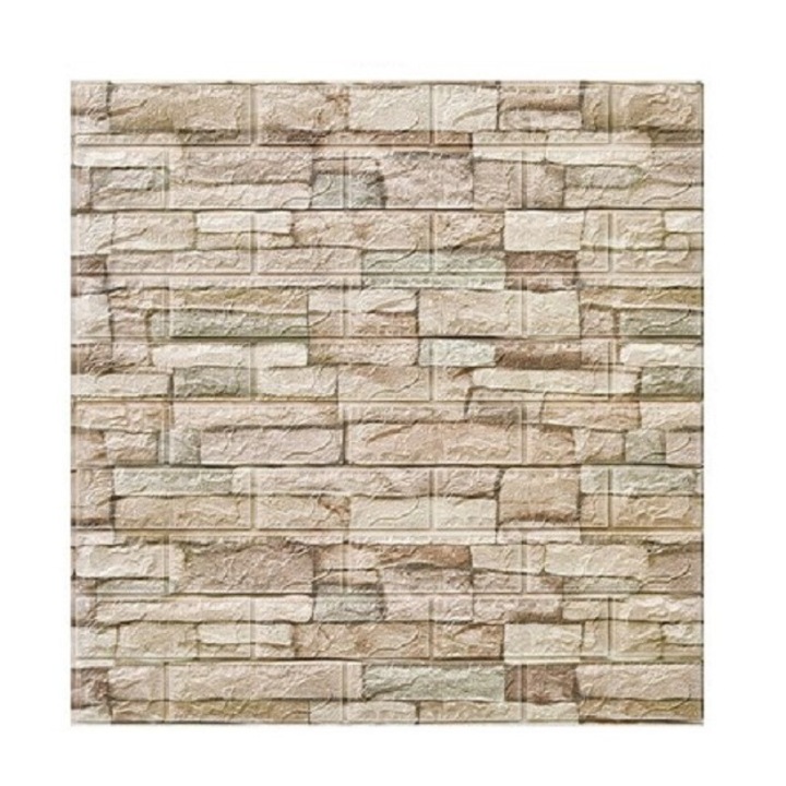 Set 10 Placi Tapet 3D, GIMASE, 70 x 77 cm, Grosime 3 mm, din Polietilena, Model Caramida, Suprafata acoperita 5.3 mp, Bej