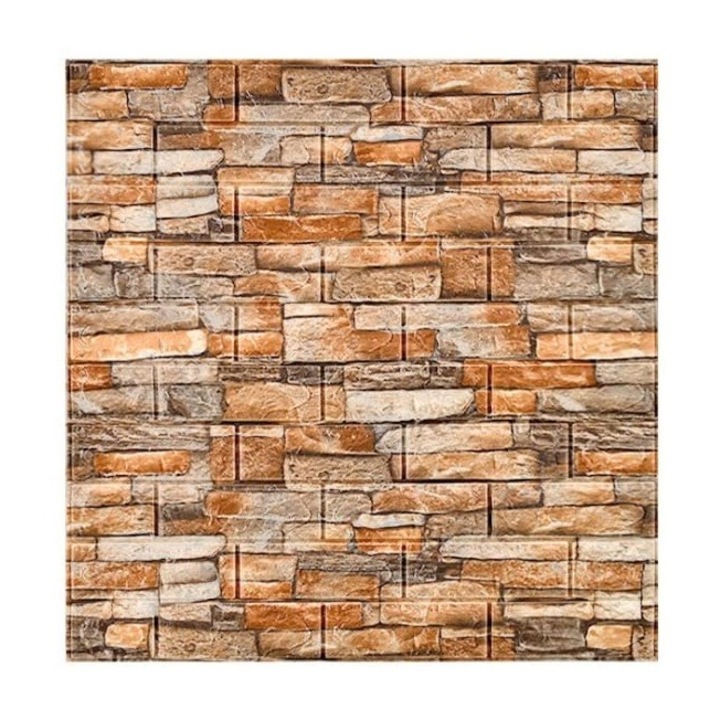 Set 10 Placi Tapet 3D, By Fitilomania, 70 x 77 cm, Grosime 3 mm, din Polietilena, Model Caramida, Suprafata acoperita 5.3 mp, Piatra Galbena