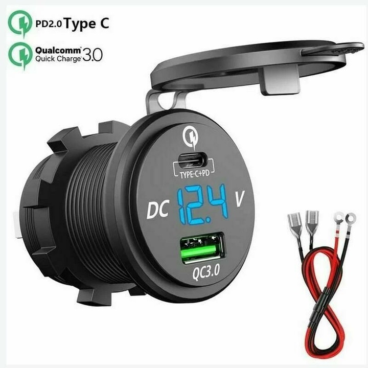 USB C gyors autós töltő 12V/24V 64W dupla aljzattal és LED voltmérővel