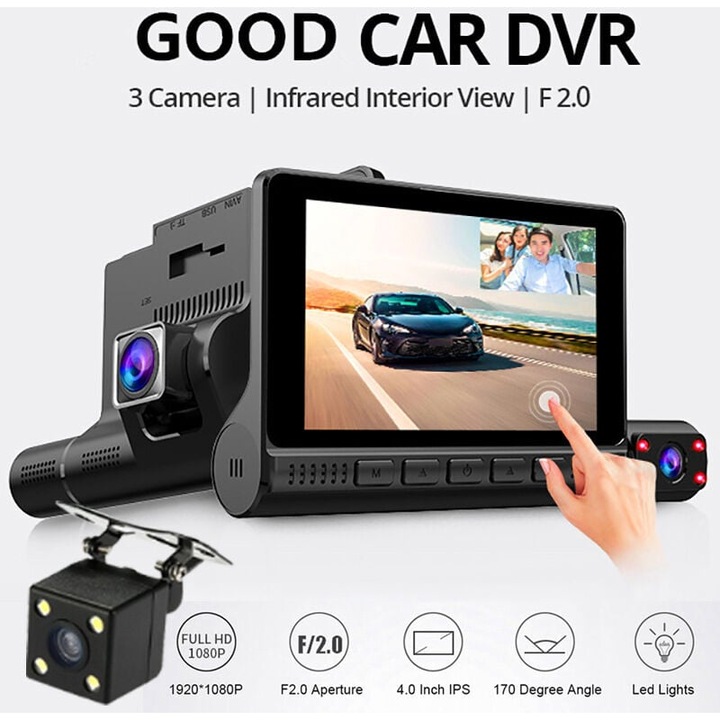 Camera auto DVR, 3 canale, Full HD 1920x1080P, vedere interioara 1280x720P, protectie tripla, set complet