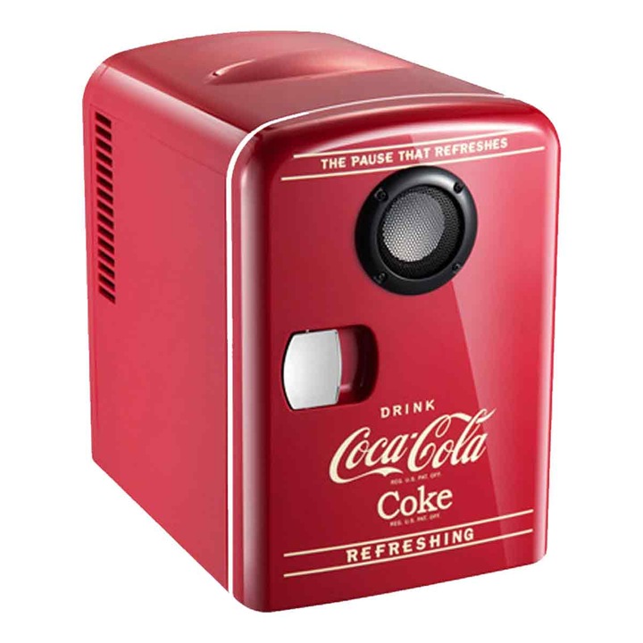 Mini frigider portabil 4L cu difuzor Bluetooth, design vintage Coca-Cola, rosu, 6 doze