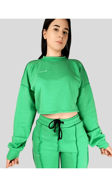 Hanorac crop cu detalii cusute pe fata, de damaaqs, Verde