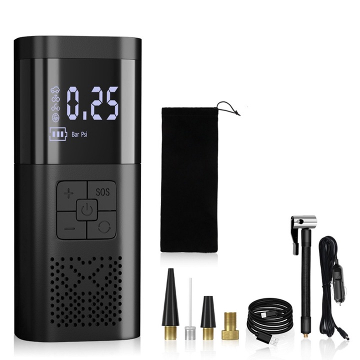Elektromos légszivattyú, 6000mAh, 120W, fekete, 175x75x55mm, komplett készlet tartozékokkal