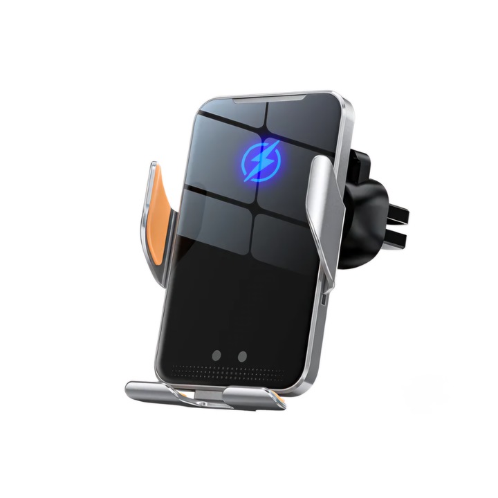 ZENARK UltraFix 7 PRO vezeték nélküli autós töltő, autós telefontartó, MagSafe és Qi kompatibilis, Ultra Slim, Fém/ABS anyag, Gyorstöltés 15W, Intelligens érzékelő, Túltöltés elleni védelem, Automatikus nyitás és zárás, Grill rögzítés, Szürke