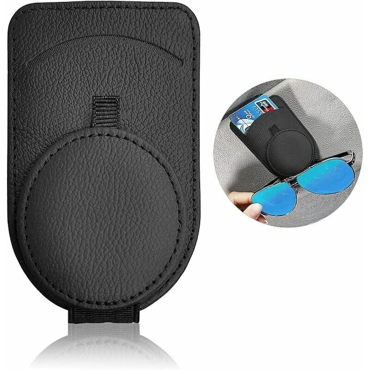 Кожена поставка за кола, TNEAYWHE, щипка за козирка, магнитен дизайн, двоен капацитет за съхранение, черна