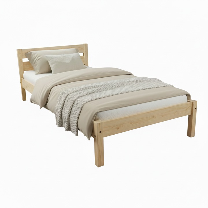 Pat de o persoana Sally, Transilvan, Lemn Masiv, Model 3/1, 90x190 cm, Natur