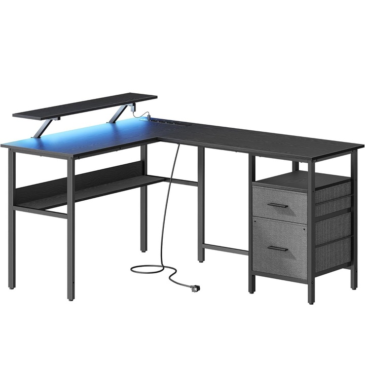Birou in forma de L VASAGLE, suport monitor, raft si 2 sertare, 4 prize si 2 USB, 120x150x76 cm, negru