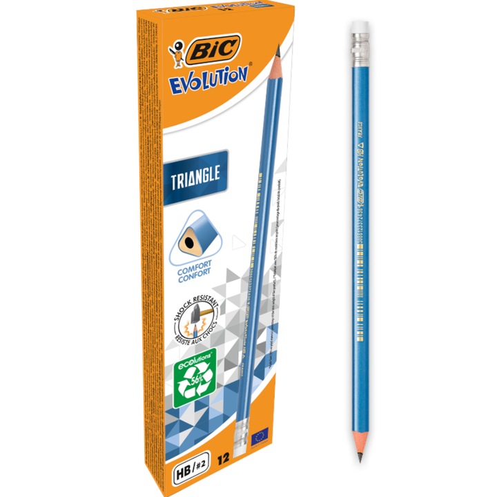 Set 12 Creioane flexibile HB fara radiera Bic Evolution Triangle 8337, 2122