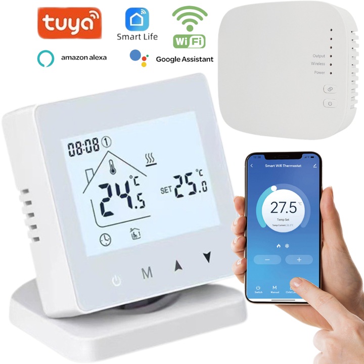 Termostat WiFi inteligent fara fir patrat MOGODA®, Programabil WiFi din aplicatie pe telefon Tuya sau Smart Life, Compatibil cu orice centrala termica, Functi smart WIFI, Alb lucios